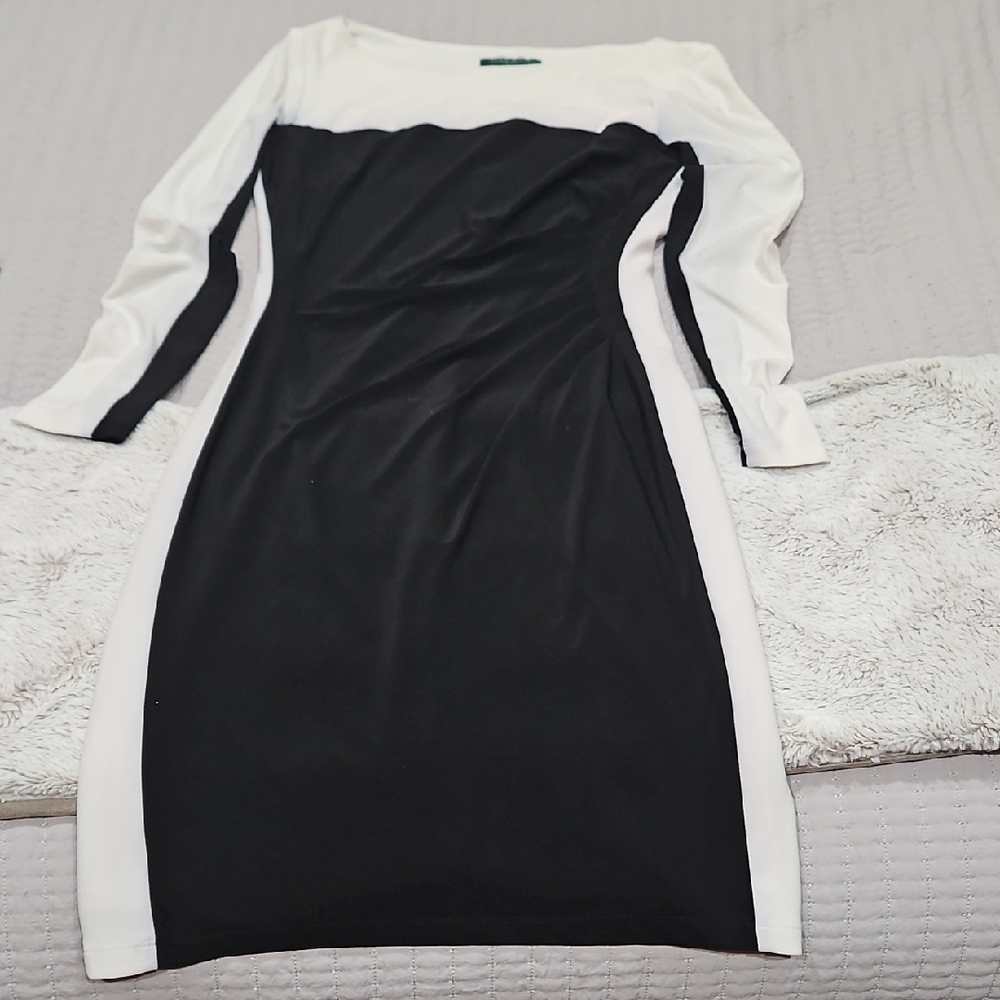 Lauren Ralph Lauren Black and White Long Sleeve Colorblock Sheath Dress